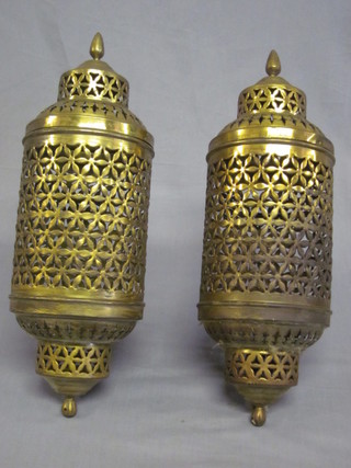 A pair of cylindrical Eastern brass mosque style lanterns 17"