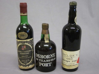 A bottle of 1963 Taylor's vintage port, a bottle of 1968 Antica Fattoria Torricino and a bottle of Osborne's 10 year old port