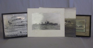 A black and white photograph of The Ships Company of HMS  Exeter 1936-1939, a black and white photograph of Destroyer, 1  other ship and a hand coloured photograph of HMS Walker
