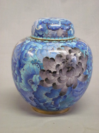 A cloisonne floral patterned and blue ground ginger jar and cover  8"