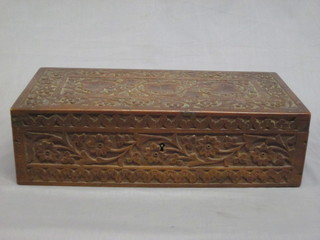 A rectangular carved hardwood box with hinged lid 14"