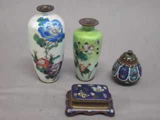 A rectangular blue ground cloisonne enamelled stamp box 3", a  blue ground jar and cover and 2 enamelled vases with floral  decoration