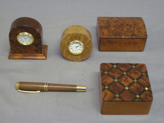 A wooden arch shaped walnut trinket box with hinged lid 4", 1  other, 2 mantel clocks and a wooden pen