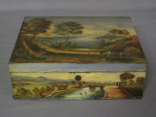 A handsome Victorian lacquered and painted trinket box with  hinged lid, the lid painted a rural scene with lake and castle 12"   ILLUSTRATED