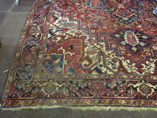 A fine quality red ground Persian carpet with central medallion 149" x 108", soiled and worn