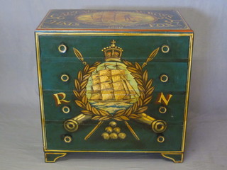 A reproduction Victorian style painted sea chest of 4 long  drawers, decorated 3 masted sailing ship, crossed canon etc 36"