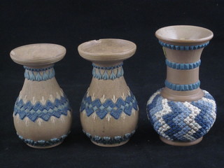 A pair of Doulton Silica club shaped vases 3 1/2", chip to rims,  and 1 other Doulton vase