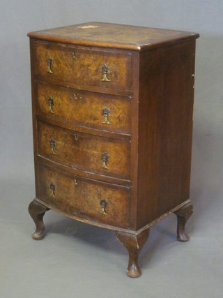 A Queen Anne style walnut bow front pedestal chest of 4 long drawers, raised on cabriole supports 18"