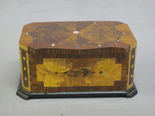 An Art Deco marquetry walnut trinket box of shaped outline  with hinged lid, 8"