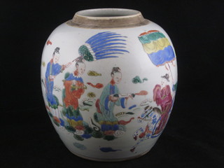 An Oriental famille vert ginger jar decorated court figures 8"   ILLUSTRATED