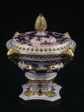 A Victorian Davenport Derby style pot pouri urn and cover in  the form or an urn raised on a square base 4 1/2", base heavily  cracked,