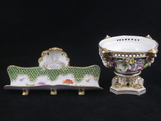 A Derby style porcelain pot pouri of circular form raised on a spreading foot, missing lid and chip to base, 4", together with a  Continental porcelain standish complete with inkwell, base with  crowned J K cypher