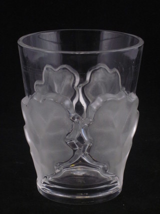 A Lalique bucket shaped glass vase with leaf decoration, the base marked Lalique France 5"