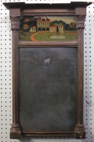 A 19th Century rectangular plate chimney mirror contained in a  decorative gilt frame, the apron painted a country house scene,  11"