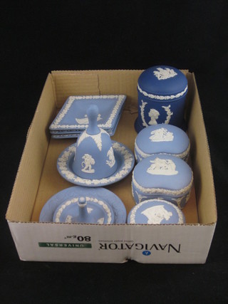A Wedgwood blue Jasperware jar and cover decorated The  Queen and Prince Philip, 3 various jars and covers, 3 diamond  shaped dishes, 2 circular dishes, a ring tree and a bell