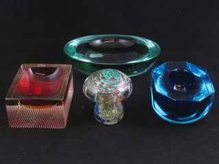 A Mdina glass paperweight in the form of a toadstool, signed to  the base, an oval green Art Glass ashtray and 2 other glass  dishes and