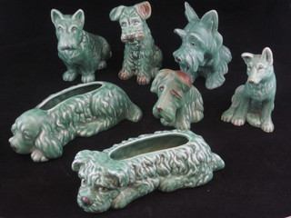 2 green glazed Sylvac vases in the form of reclining dogs and 5 other green glazed Sylvac figures of dogs