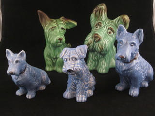 2 Sylvac green glazed figures of seated dogs and 3 blue glazed Sylvac figures of dogs