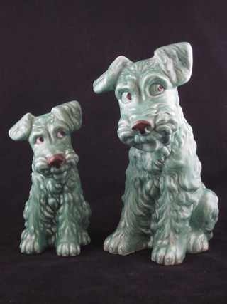 A Sylvac green glazed figure of a seated dog, base marked 1380  10 1/2" and 1 other 8"