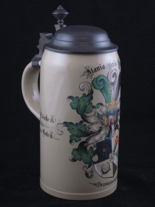A German beerstein with armorial decoration marked Numguam Retrorsum, with pewter lid having a 5 tongued hinge 8"