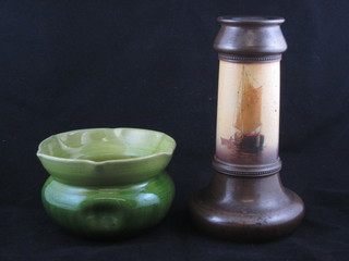 A Brannam brown glazed pottery club shaped vase, the base with Brannam mark 9" and a do. green glazed bowl 6"