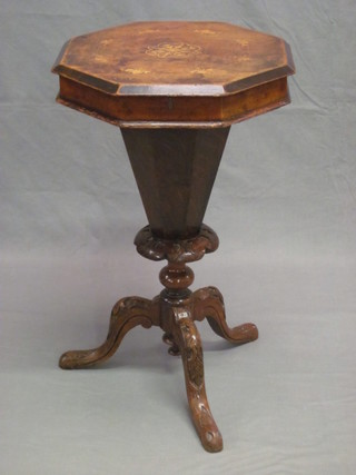A Victorian octagonal inlaid work table of conical form and with hinged lid, raised on cabriole supports by James Shoolbred 17"