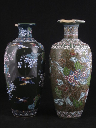 2 similar Oriental green glazed club shaped vases with enamelled decoration 10", both rims f,