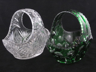 A green cut glass overlay glass basket and 1 other 8"