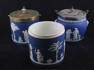 2 circular Wedgwood biscuit barrels with silver plated mounts and 1 other, no mounts,