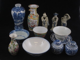 2 miniature Oriental blue and white ginger jars and covers 2", 3 rice bowls, a tea bowl and other items etc
