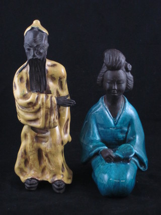 A blue glazed Oriental figure of a seated Geisha girl 7" and a yellow glazed ditto 9 1/2"