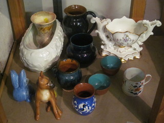 A Wade Heath blue glazed figure of a seated rabbit, ears f and r, 4", a figure of a Boxer dog, various vases etc, a porcelain twin  handled vase with floral decoration, 2 Tanware tea bowls and a  coffee can