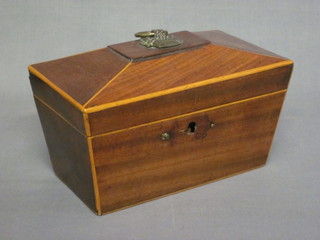 A Georgian mahogany twin compartment sarcophagus shaped tea  caddy with hinged lid 8"