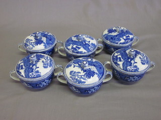 A set of 6 Wedgwood blue and white twin handled jars and  covers decorated fallow deer, 5 cracked