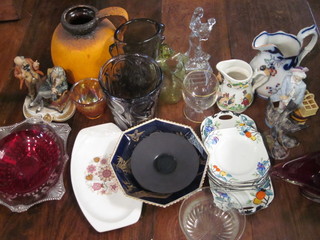 A pottery jug, a glass figure of a standing lady, an orange Art Pottery jug, a decorative sandwich set, various decorative  ceramics