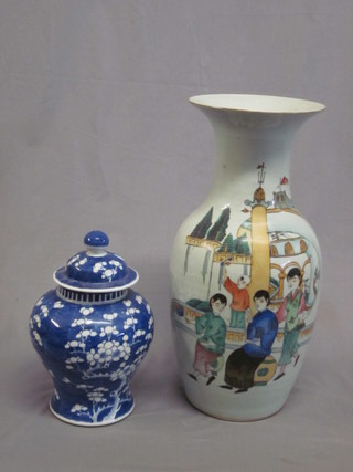 An Oriental porcelain urn and cover with prunus decoration 11" and an Oriental porcelain club shaped vase decorated figures 17"  cracked