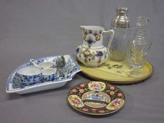A Royal Crown Staffordshire Derby style plate 6", a pottery jug  6", a cut glass cocktail shaker, a club shaped decanter, a small  collection of ceramics