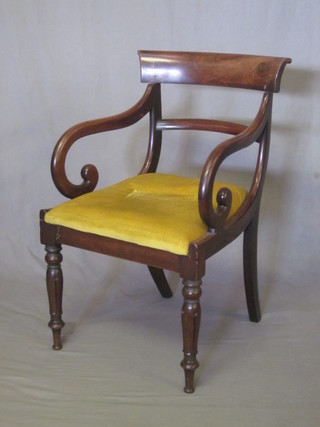 A William IV mahogany open arm bar back chair with  upholstered drop in seat, raised on turned and fluted supports