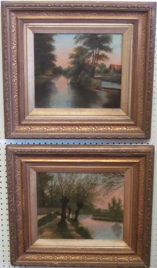 A pair of 19th Century oils on canvas "River Scenes with  Figures" 9 1/2" x 11"