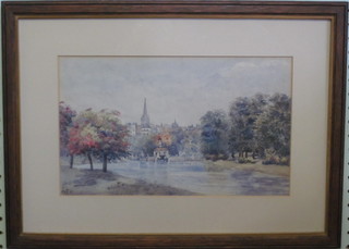 Victorian watercolour "Park with Lake, Church in Distance" monogrammed C W H 1887 7 1/2" x 12"