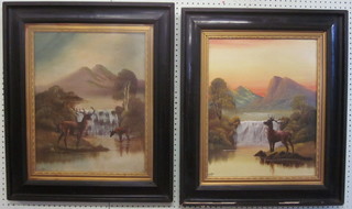 T E L X?, a pair of Victorian oil paintings on board "Highland Scenes with Deer" 19" x 15"