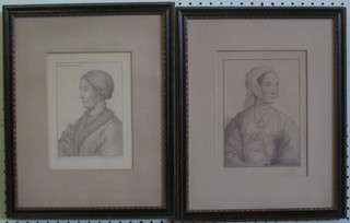 2 18th Century coloured prints after Holbein "Anna Bollein  Queen" and "Marie Anne Boulier" 8" x 6"