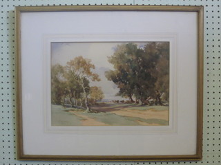 C Harrington, watercolour drawing "Downland Scene with Cattle  and Trees, Downs in Distance" 10" x 14", signed