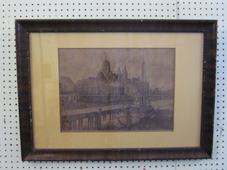 An etching, "Continental Harbour with Buildings" indistinctly  signed to bottom right and left hand corners 10" x 14"