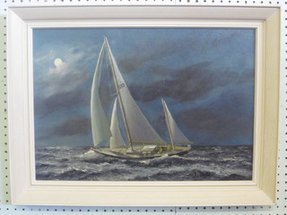 M Partridge?, oil on canvas "Moonlit Study of a Yacht in Full  Sail" signed and dated 1971 13" x 19"