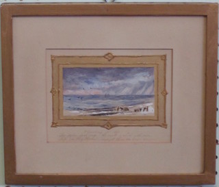 A gouache drawing "Seascape with Boat in Distance" with poem  to the base, dated 1885