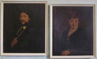 A pair of Victorian oil paintings on canvas "Portraits of a Lady and Gentleman" 29" x 34"