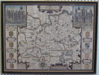 John Speed, 17th/18th Century map of Surrey, contained in a  Hogarth frame, double mounted 15" x 20", crease to the margin