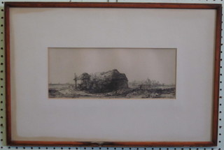 After Rembrandt, an etching "Thatched Building, with Buildings in the Distance" 5" x 12"