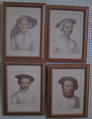 4 coloured prints from His Majesties Collection "Ladies in Period Costume" 11" x 8", contained in oak frames
